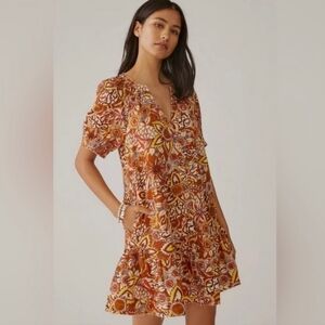Pilcro Puff Sleeve Floral Print Raw Hem Tapestry Dress- Size XS